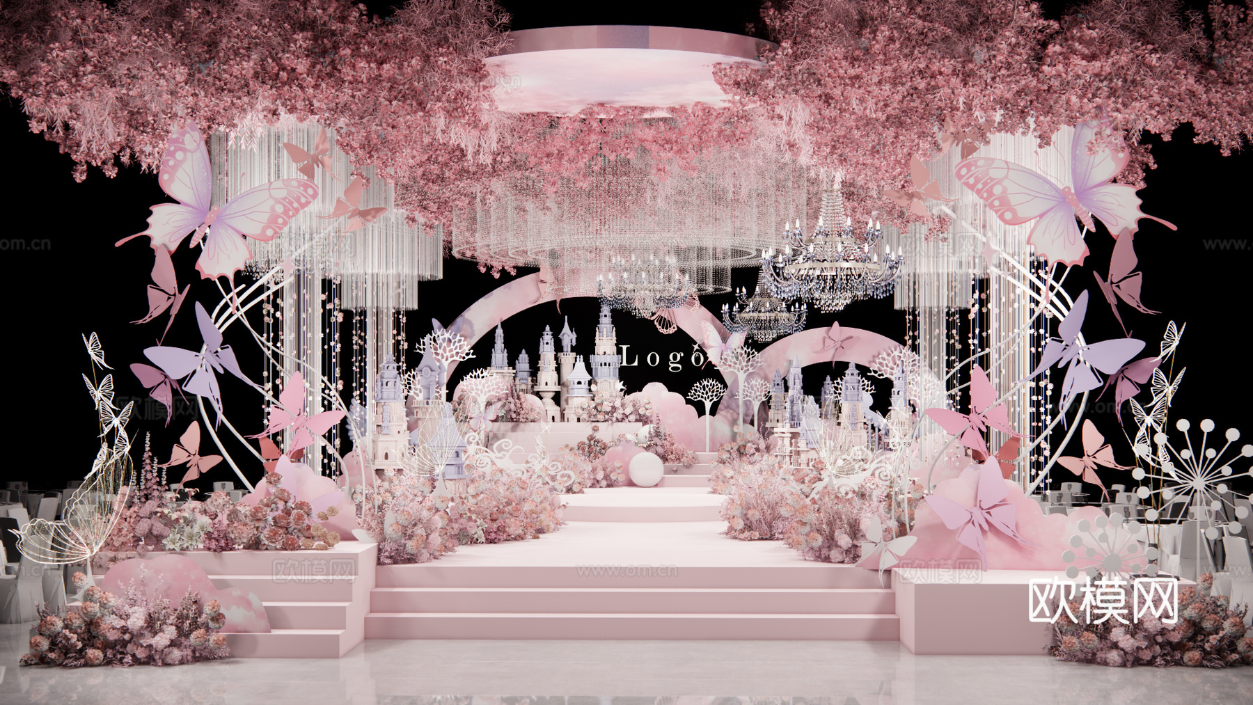 粉色蝴蝶梦幻城堡婚礼美陈su模型