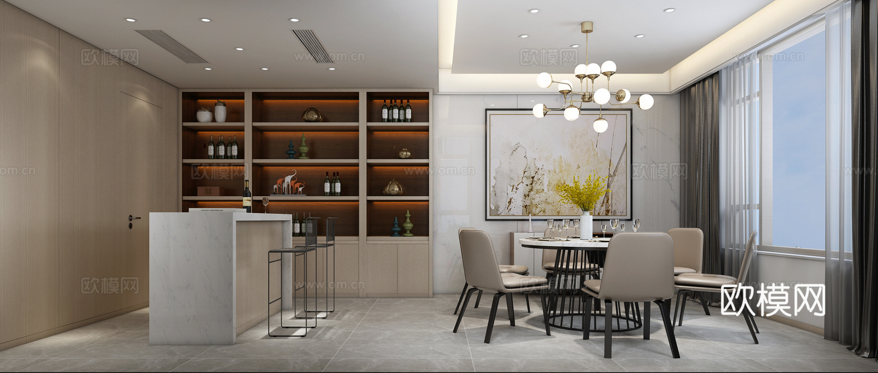现代餐厅厨房过道 橱柜 橱具 洗碗池 道具3d模型下载（渲染图2）