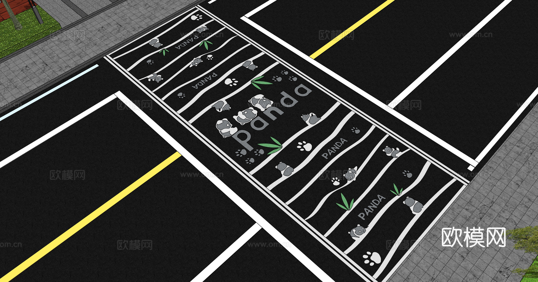现代熊猫主题创意艺术彩绘网红趣味道路斑马线su模型