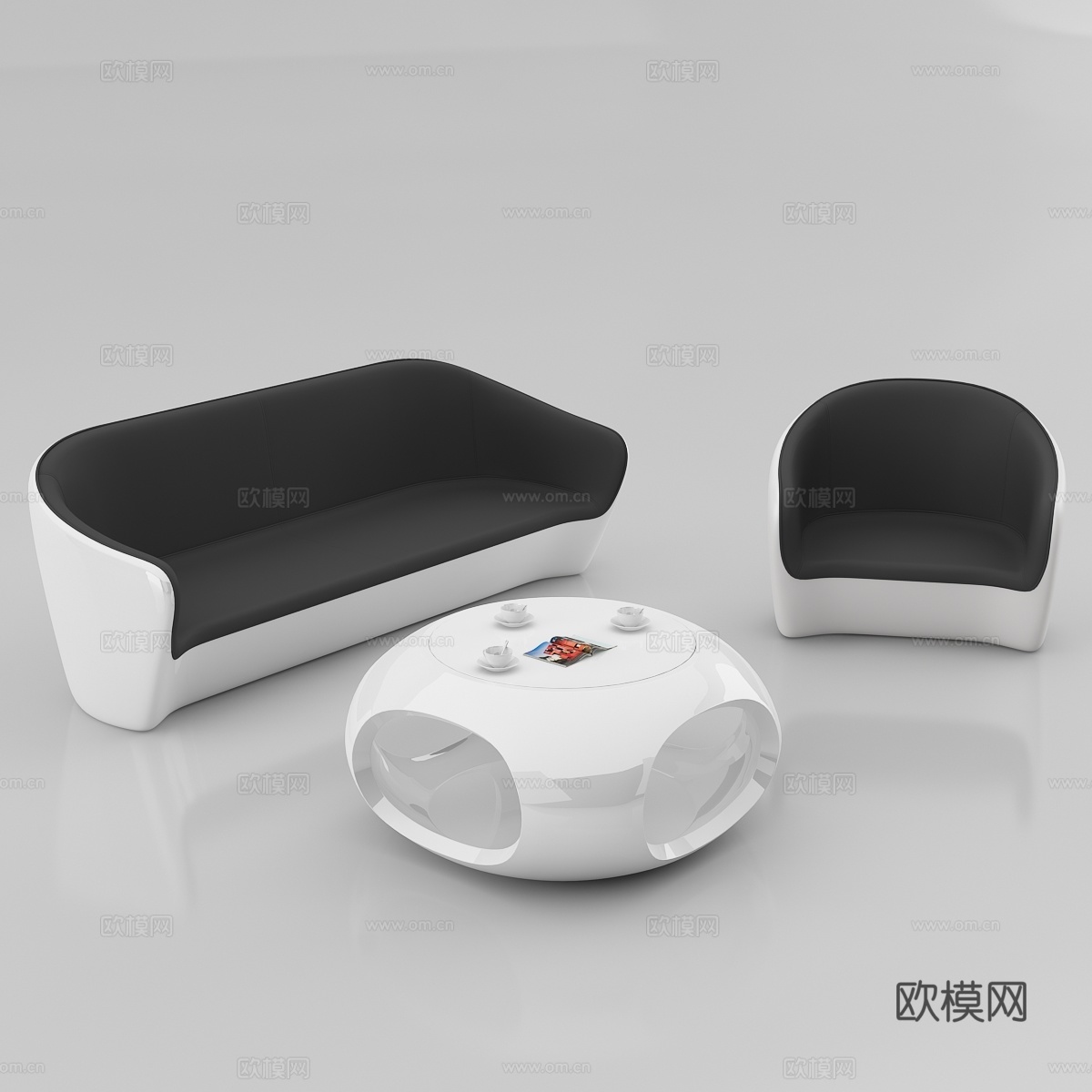 现代招待室 白色烤漆沙发茶几 三人位单人位沙发白底图3d模型下载