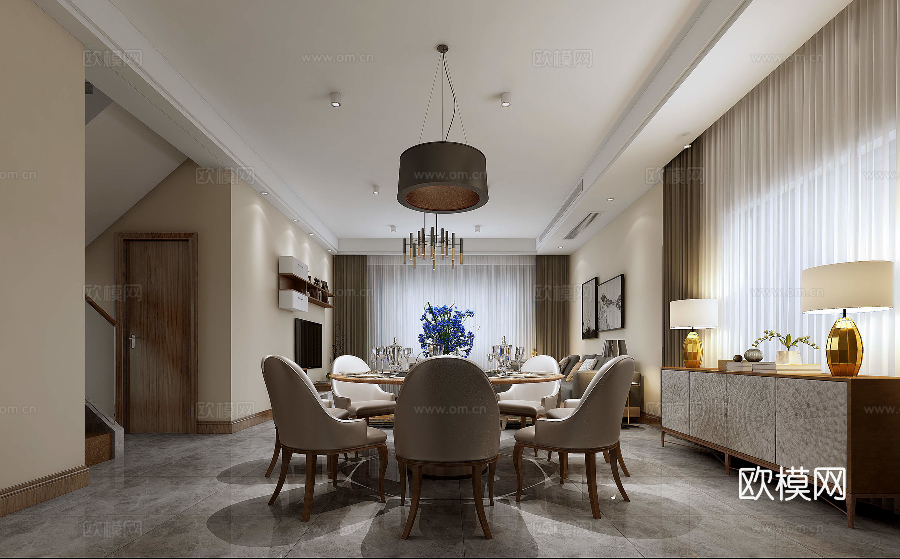 现代餐厅餐桌沙发吊灯楼梯餐边柜地毯3d模型下载