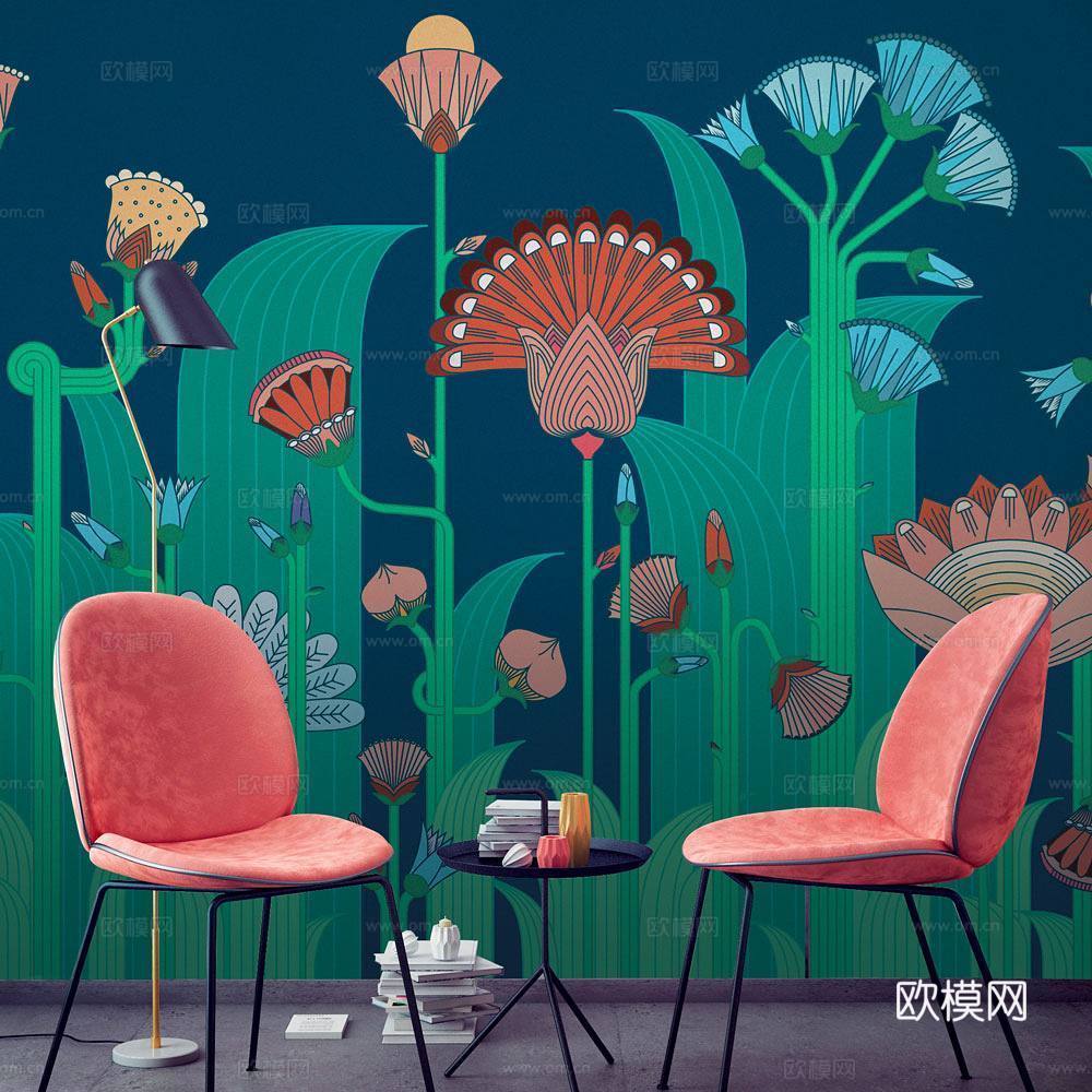 中古美式家居客厅 带动画 中古风壁画贴图下载