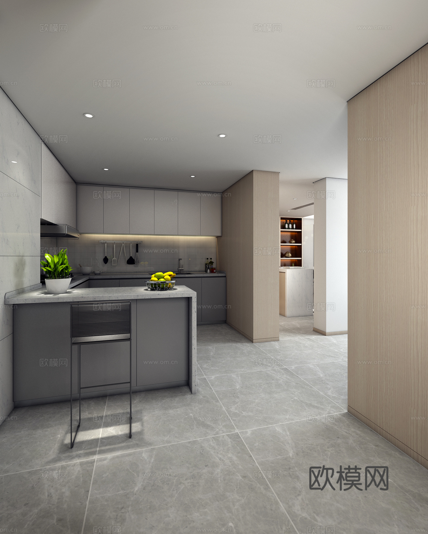 现代餐厅厨房过道 橱柜 橱具 洗碗池 道具3d模型下载（渲染图1）