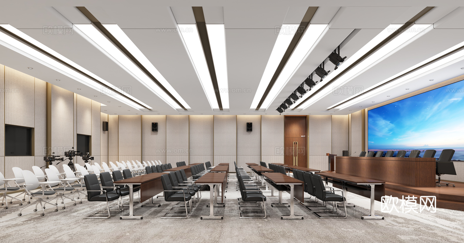 现代报告厅 多功能厅 摄像机 演讲台3d模型下载（渲染图1）
