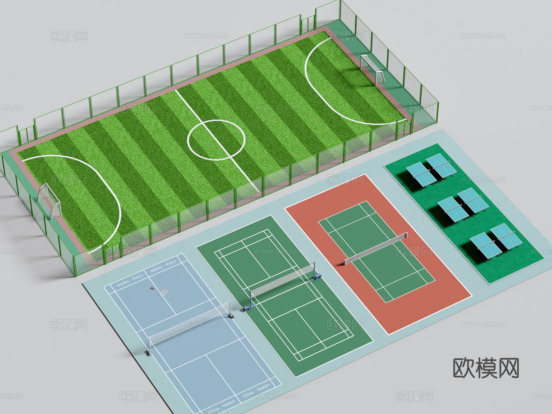 户外球场 足球场 网球场 羽毛球场 乒乓球台3d模型下载