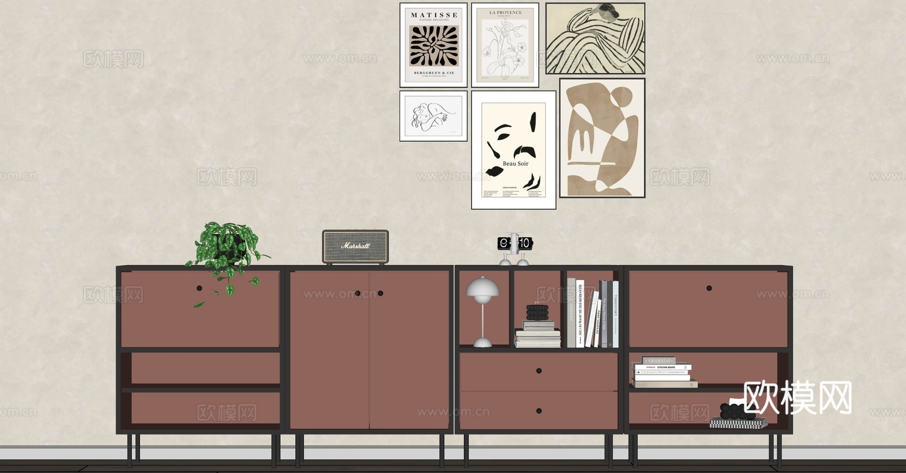现代储物柜 装饰挂画su模型
