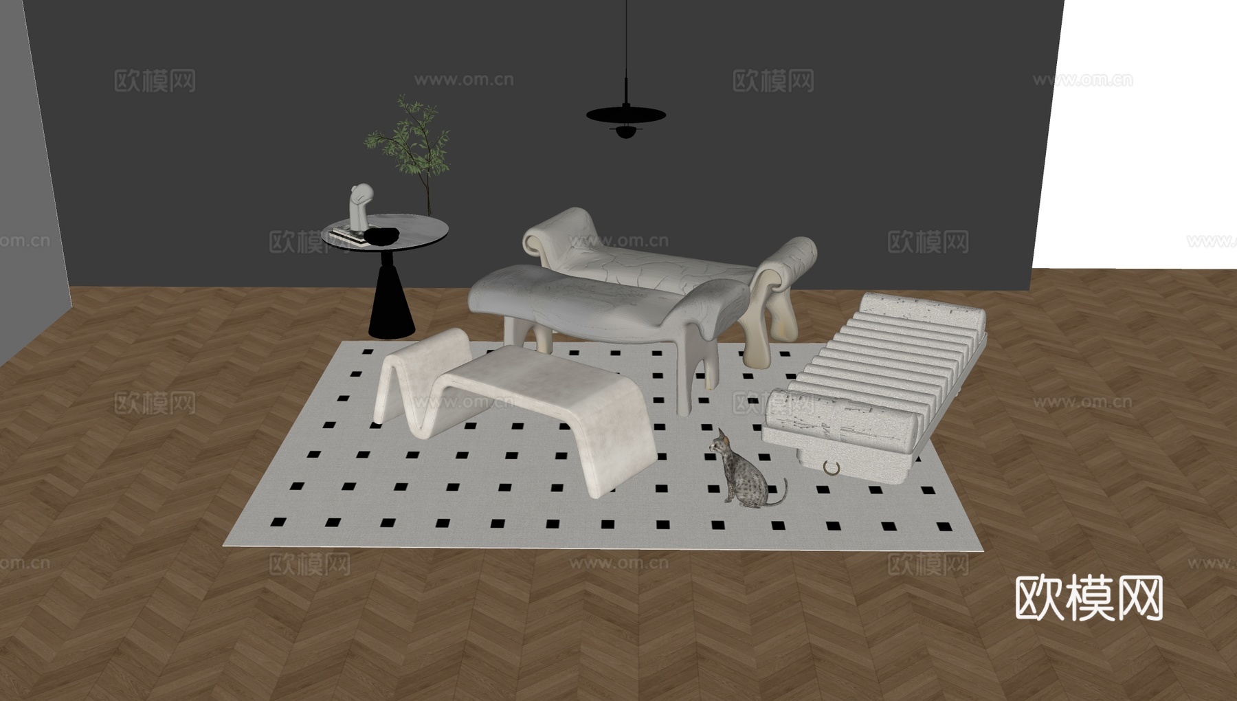 脚踏白色脚踏组合脚踏云朵沙发极简脚踏现代脚踏su模型下载（渲染图2）