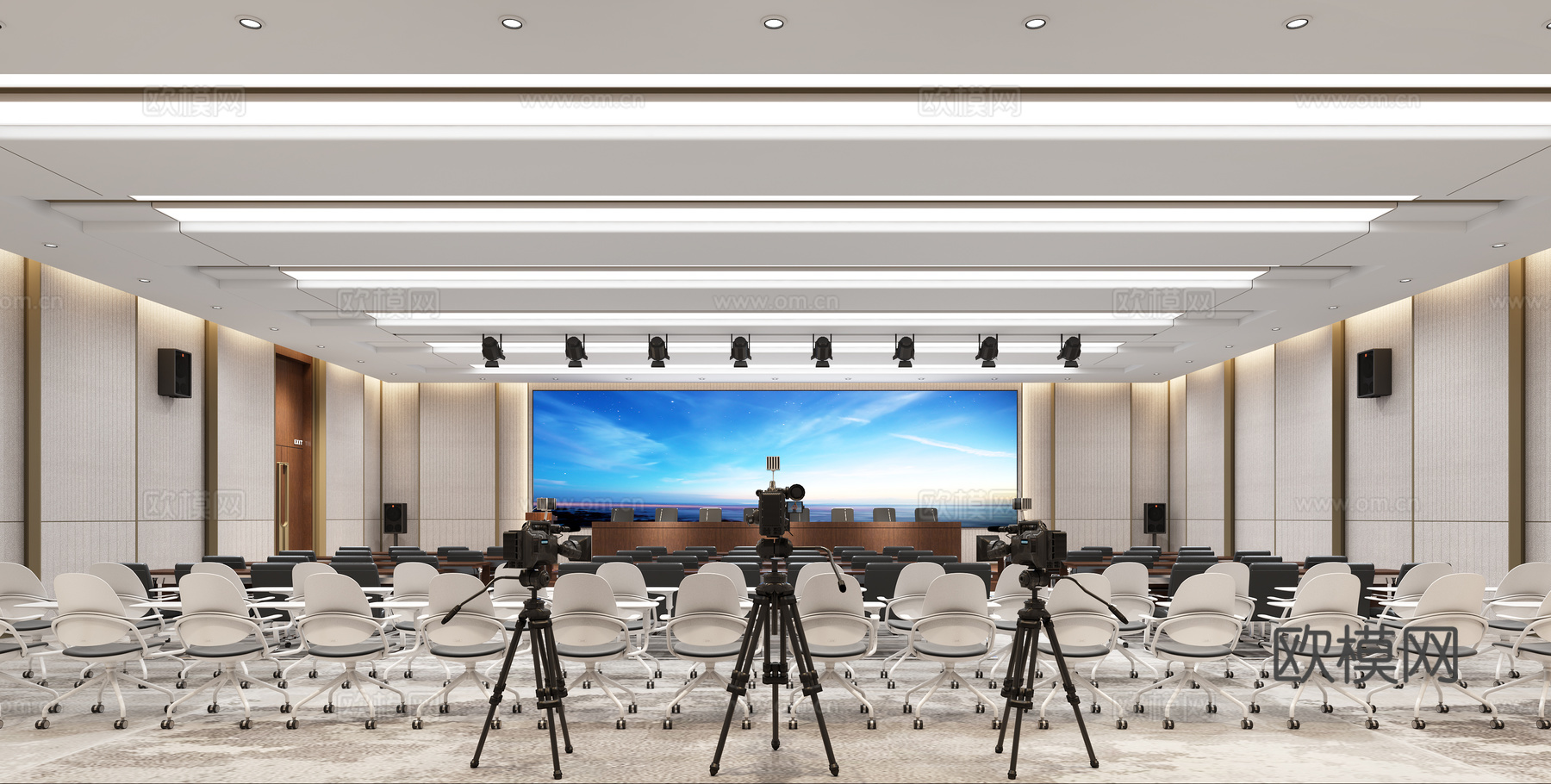 现代报告厅 多功能厅 摄像机 演讲台3d模型下载（渲染图2）