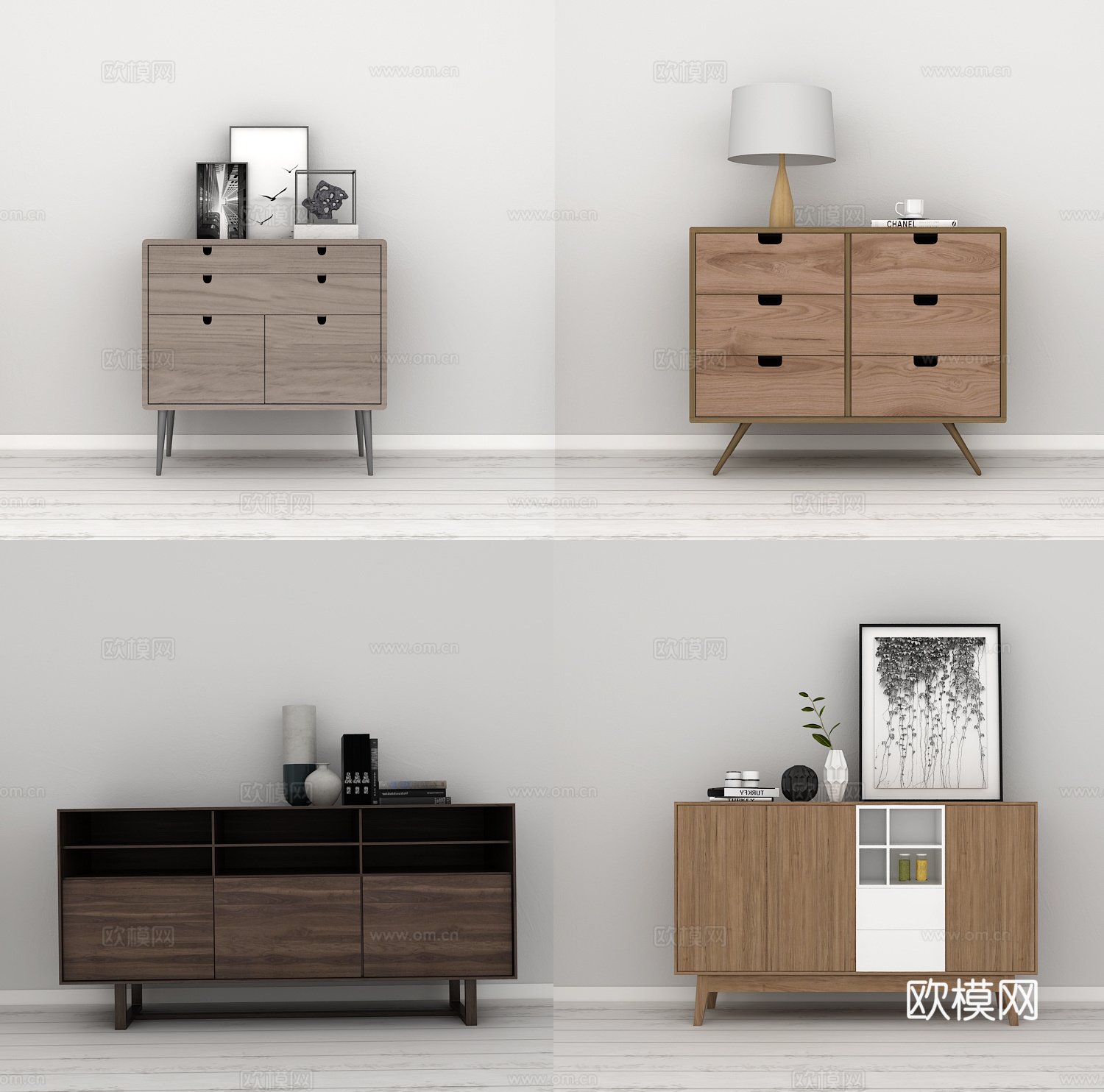 北欧现代 边柜 装饰柜 装饰画 摆件 台灯3d模型下载