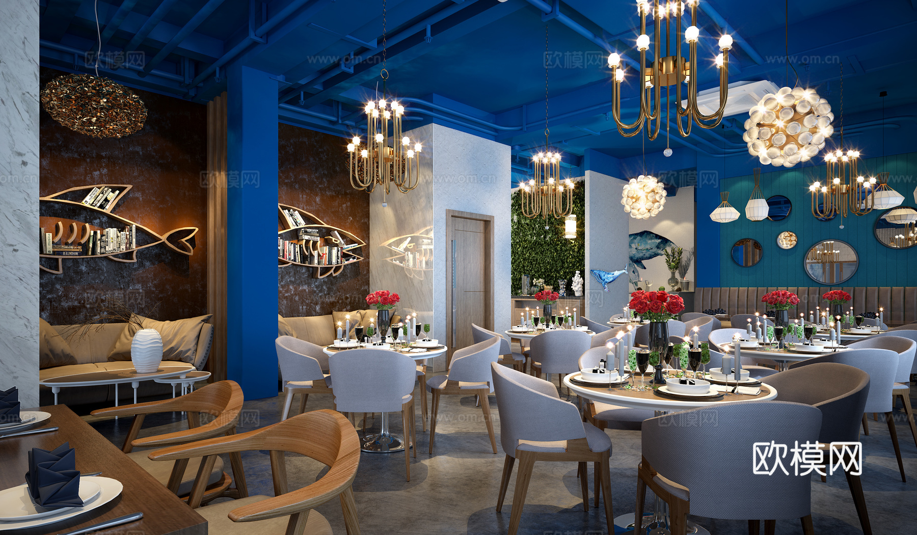 地中海餐厅西餐厅 鱼餐厅 海鲜餐厅 时尚餐厅 现代餐桌椅子3d模型下载（渲染图1）