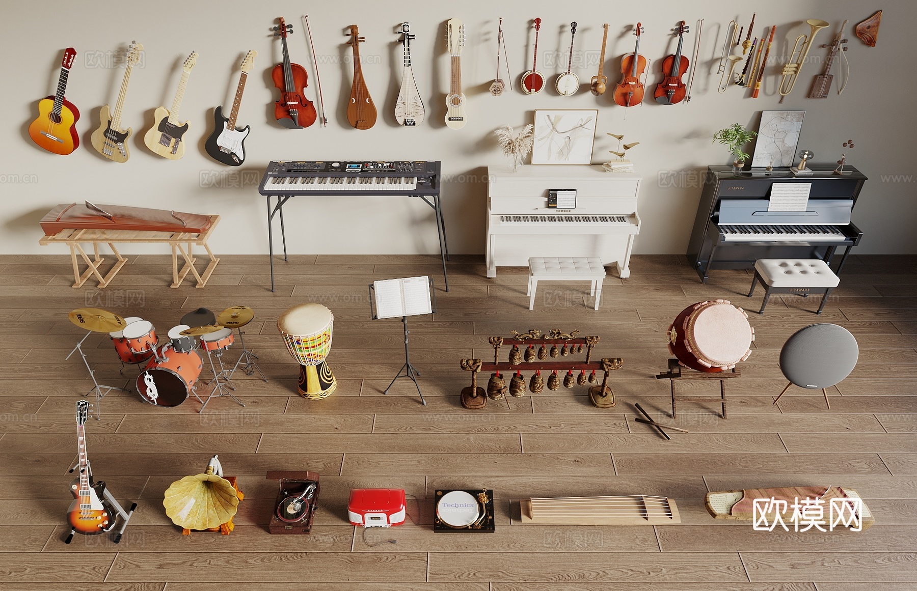 乐器 钢琴 电子琴 古筝 吉他 打鼓 琵琶 架子鼓 乐器组合3d模型下载