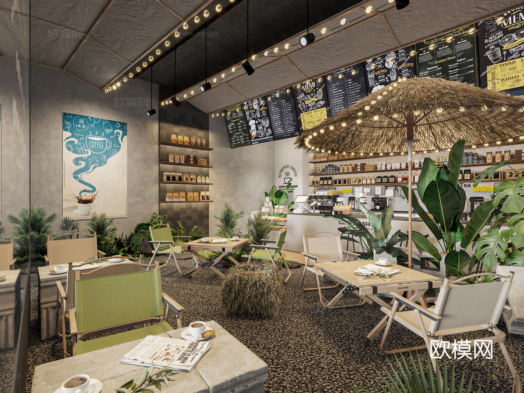 工业LOFT风咖啡店 露营风咖啡店 奶茶店 户外露营桌椅外摆3d模型下载（渲染图4）