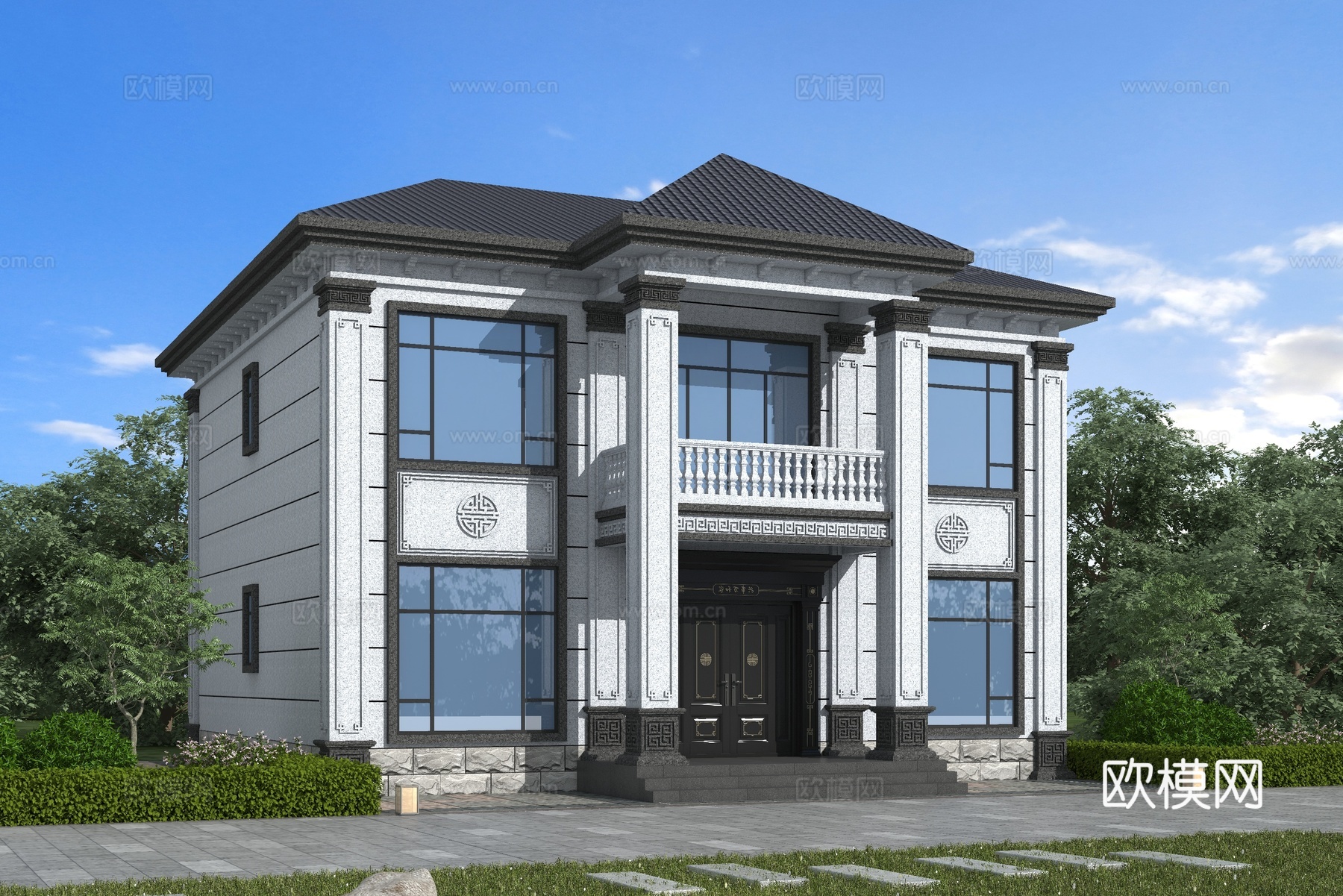 中式别墅  新中式别墅 二层自建房3d模型下载
