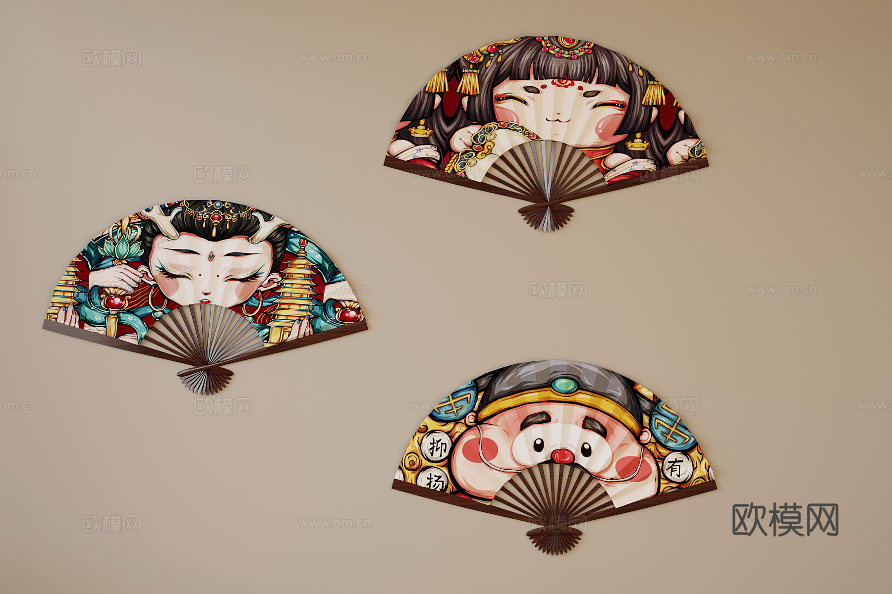 现代新中式扇子 墙饰su模型