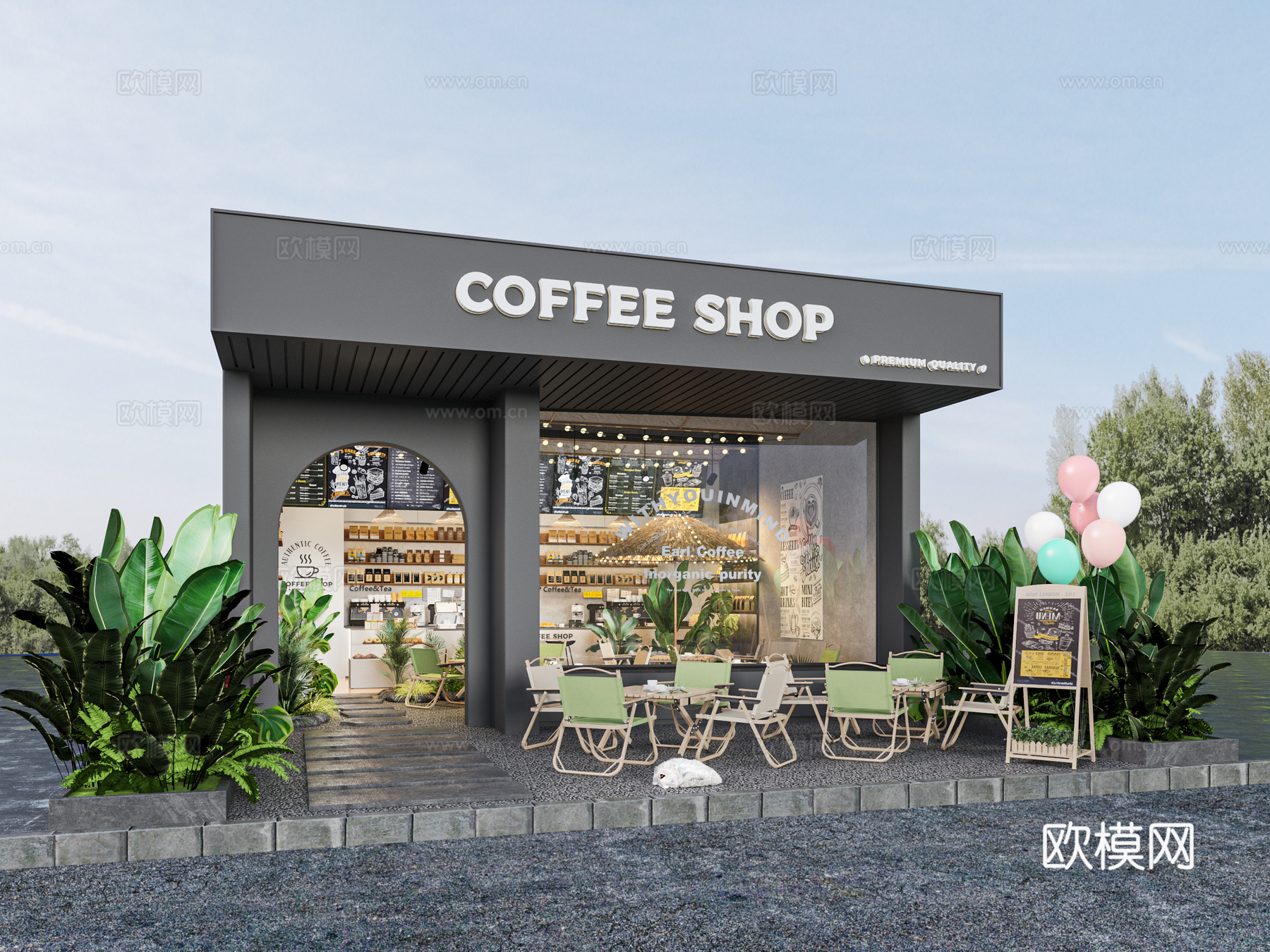 工业LOFT风咖啡店 露营风咖啡店 奶茶店 户外露营桌椅外摆3d模型下载（渲染图2）