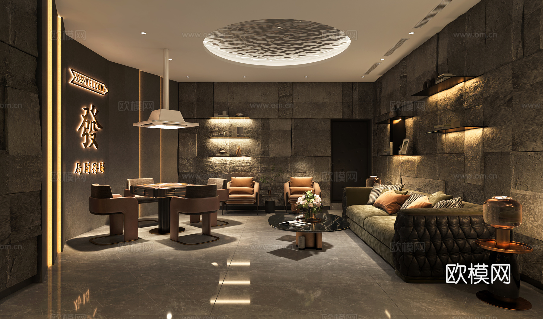 现代棋牌室 麻将桌 德州扑克3d模型下载（渲染图1）