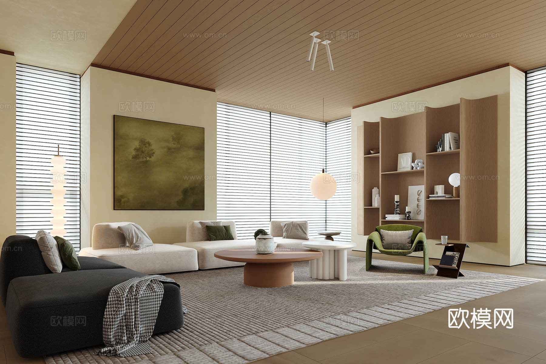 现代原木风客厅3d模型下载