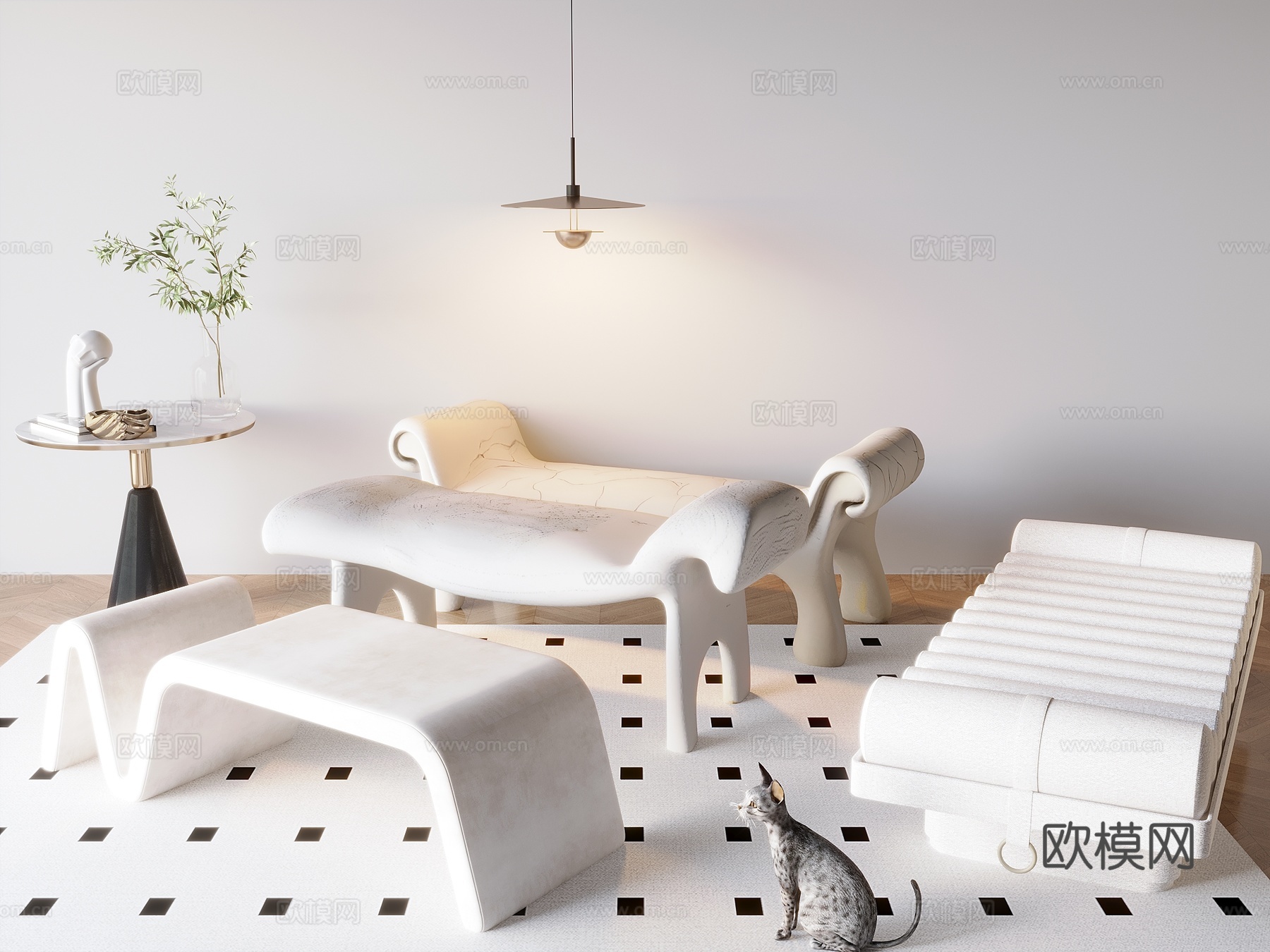 脚踏白色脚踏组合脚踏云朵沙发极简脚踏现代脚踏su模型下载（渲染图1）