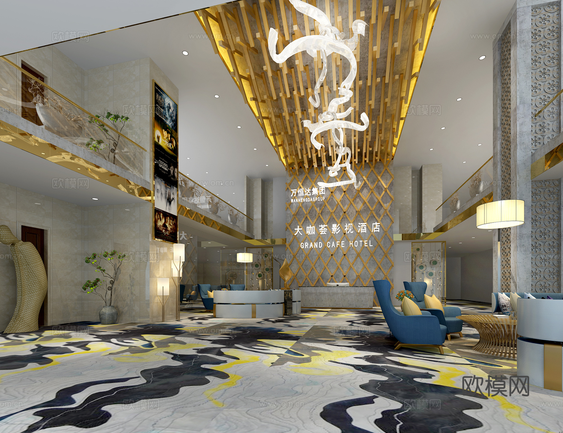 现代酒店大厅 吊灯3d模型下载