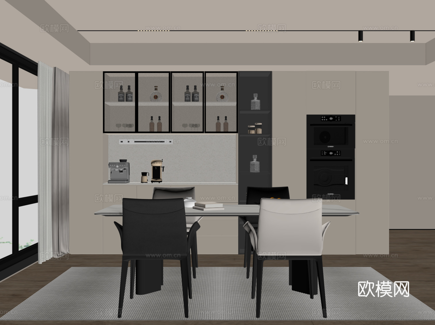 现代餐厅 餐桌椅 酒柜su模型
