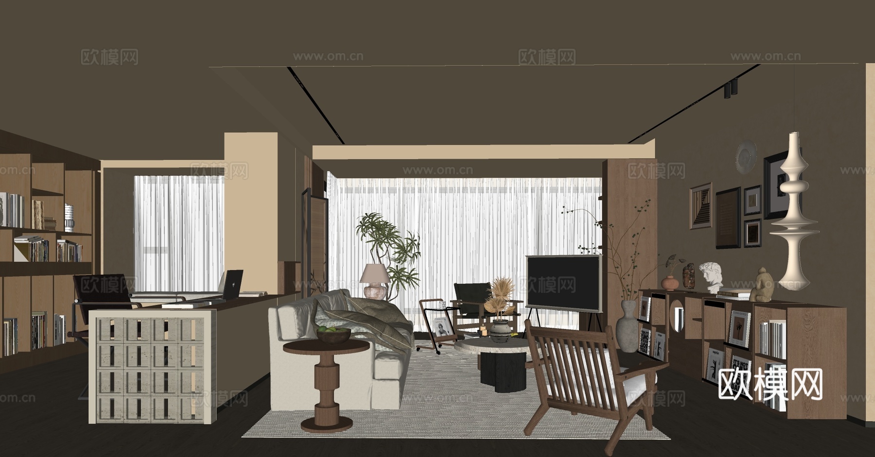 中古风客厅 复古风客厅 沙发茶几组合 中古风多人沙发 休闲椅su模型