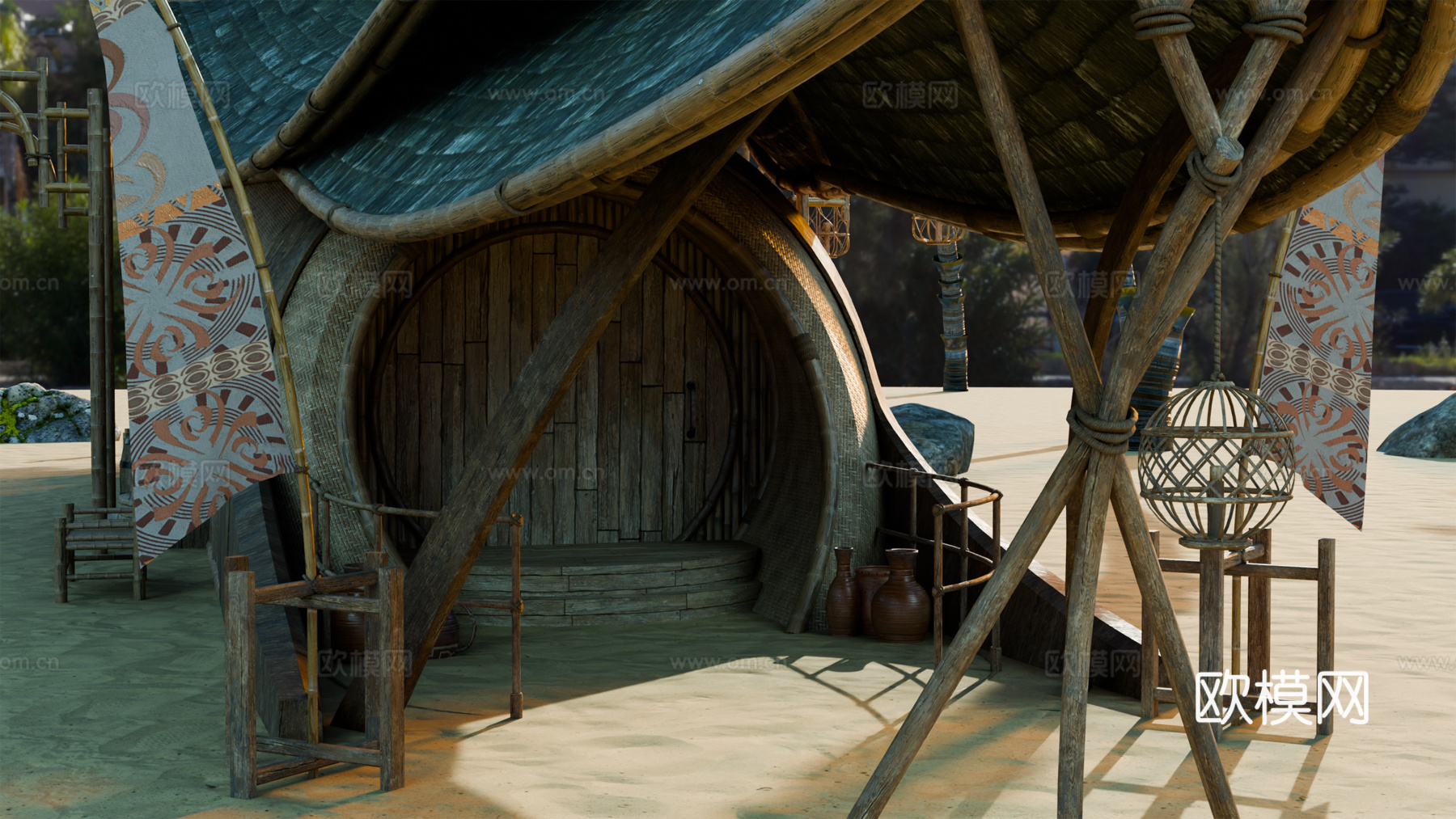 茅草屋 竹屋 木屋 树屋 海景打卡民宿 部落房屋su模型
