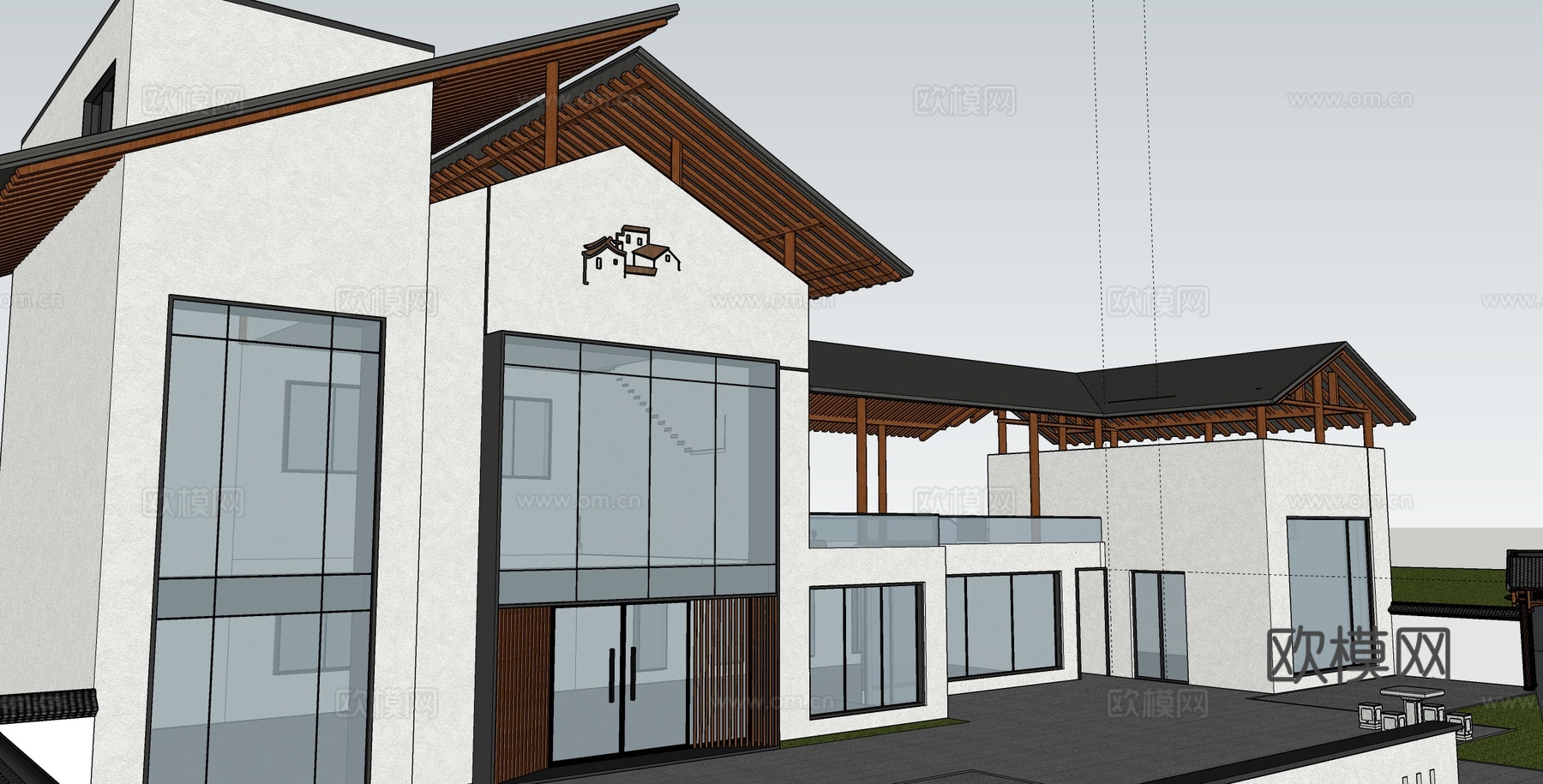 新中式民宿建筑 斜顶su模型