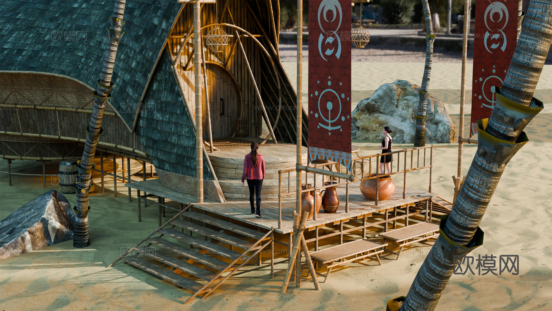 茅草屋 竹屋 木屋 树屋 海景打卡民宿 部落房屋su模型