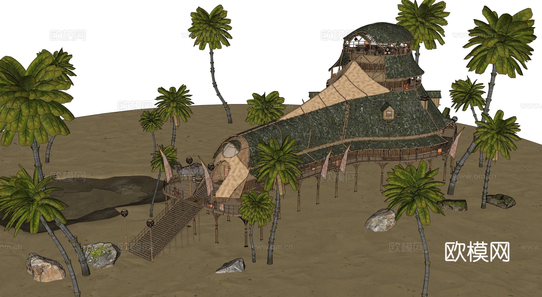 茅草屋 竹屋 木屋 树屋 海景打卡民宿 部落房屋su模型