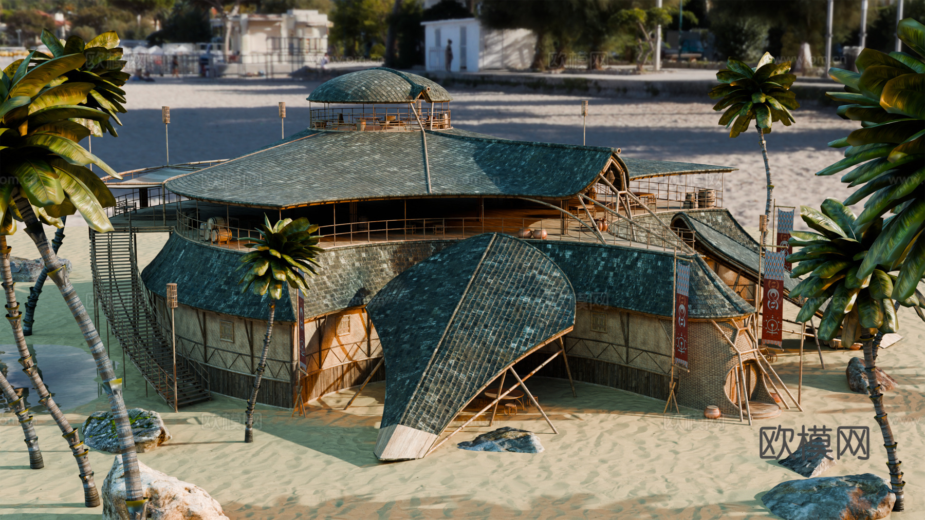 茅草屋 竹屋 木屋 树屋 海景打卡民宿 部落房屋su模型