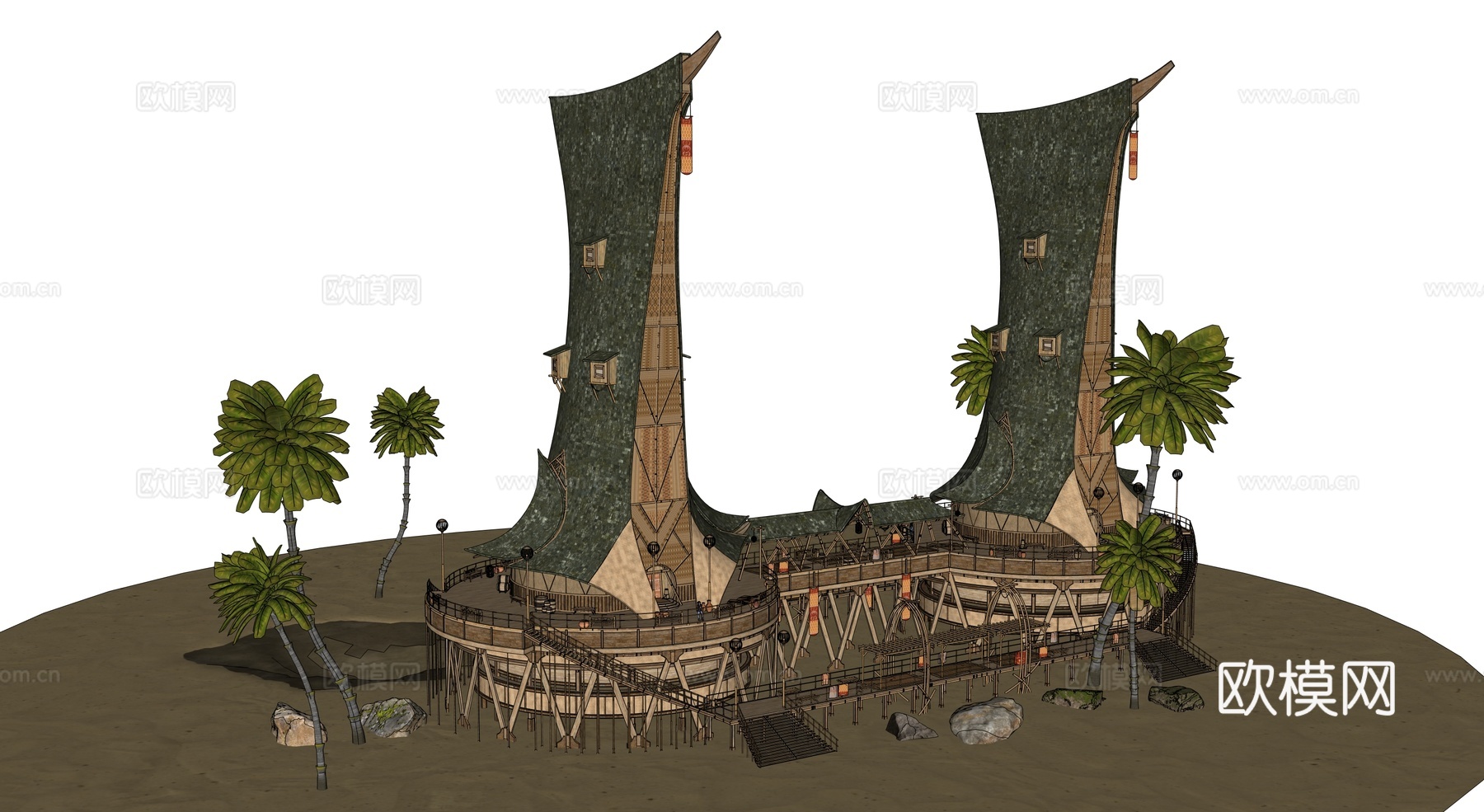 茅草屋 竹屋 木屋 树屋 海景打卡民宿 部落房屋su模型