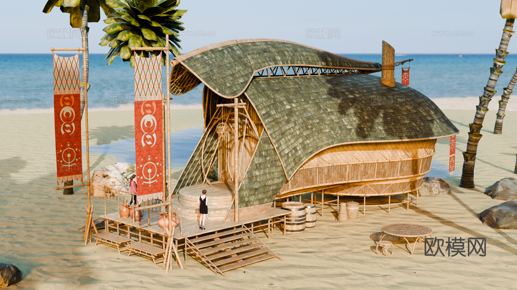 茅草屋 竹屋 木屋 树屋 海景打卡民宿 部落房屋su模型