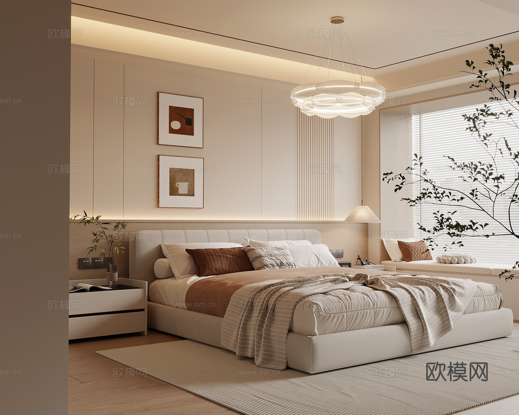 现代简约卧室 双人床 床头柜3d模型下载