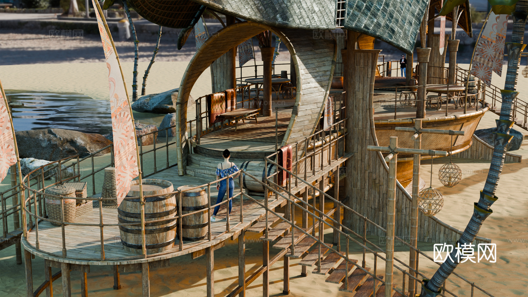 茅草屋 竹屋 木屋 树屋 海景打卡民宿 部落房屋su模型