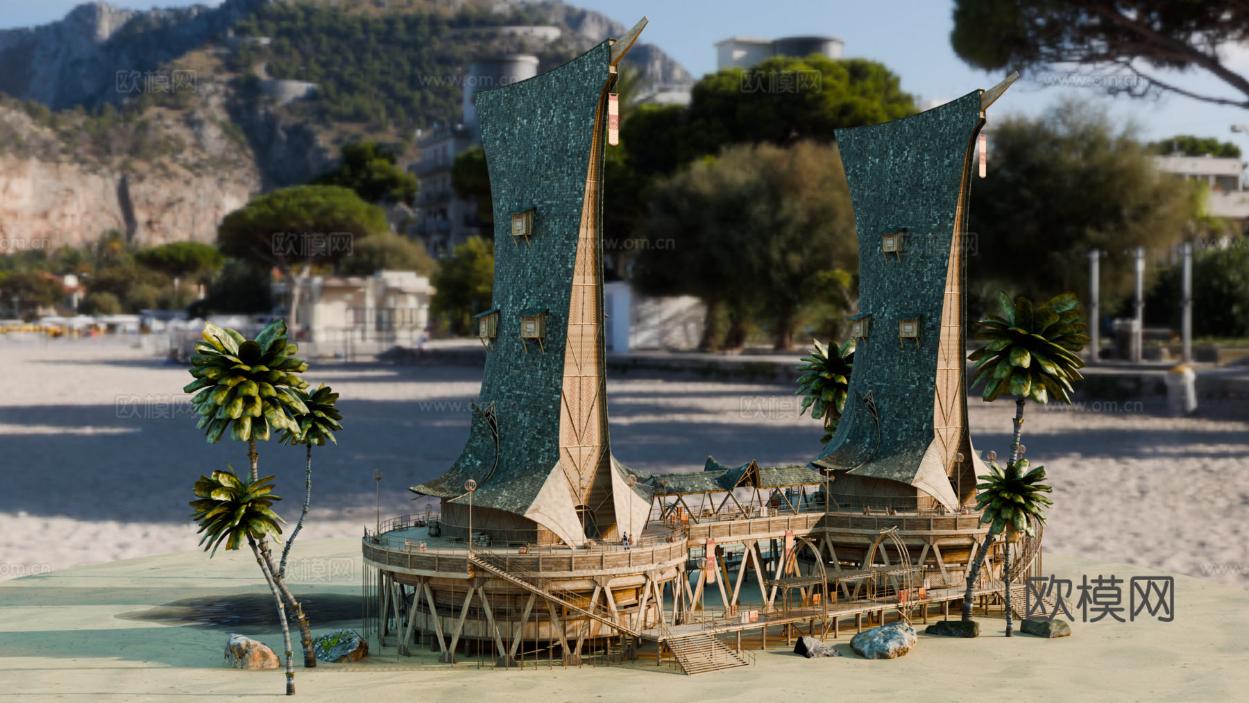 茅草屋 竹屋 木屋 树屋 海景打卡民宿 部落房屋su模型