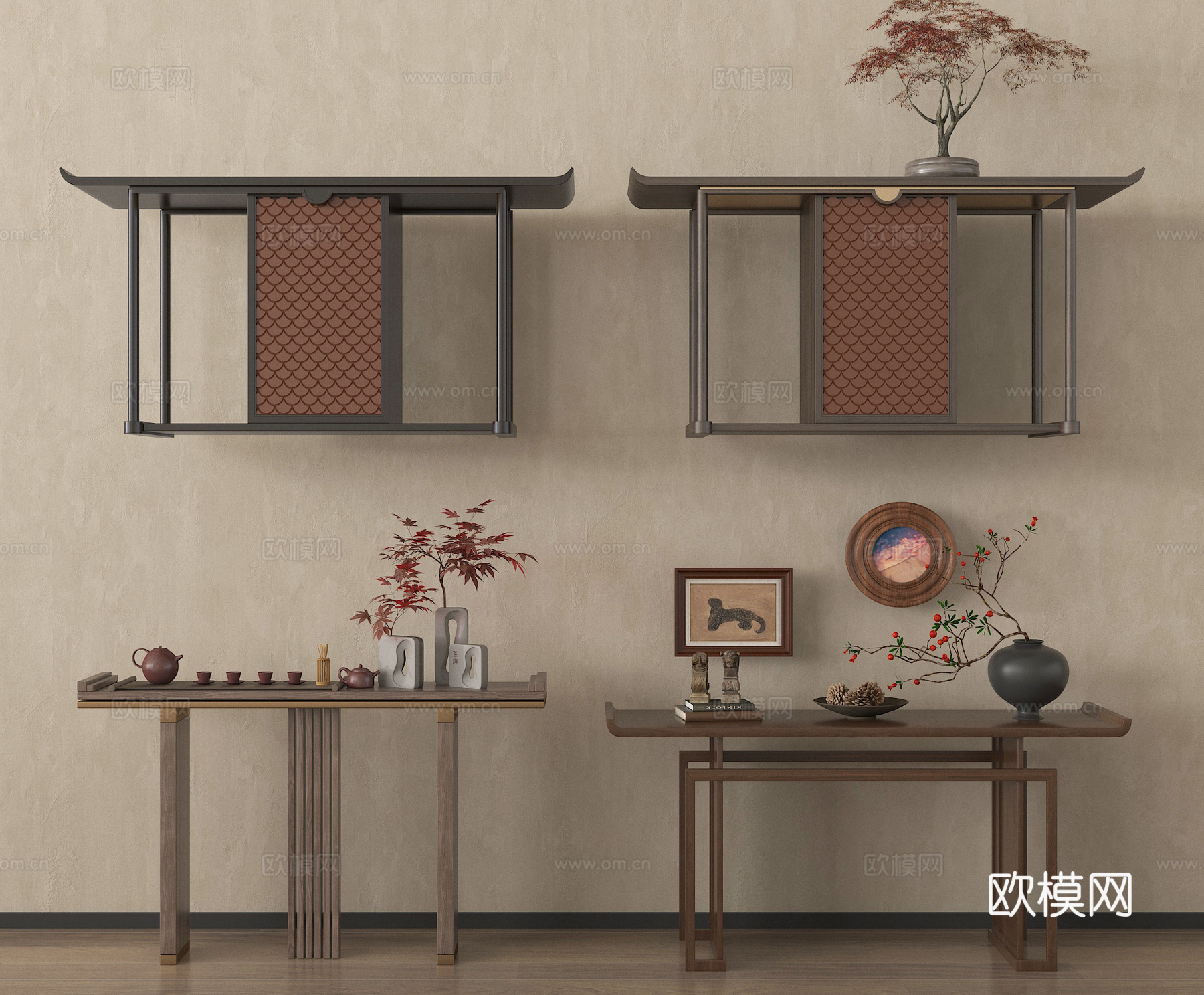 新中式条案 端景台 装饰画 饰品摆件su模型