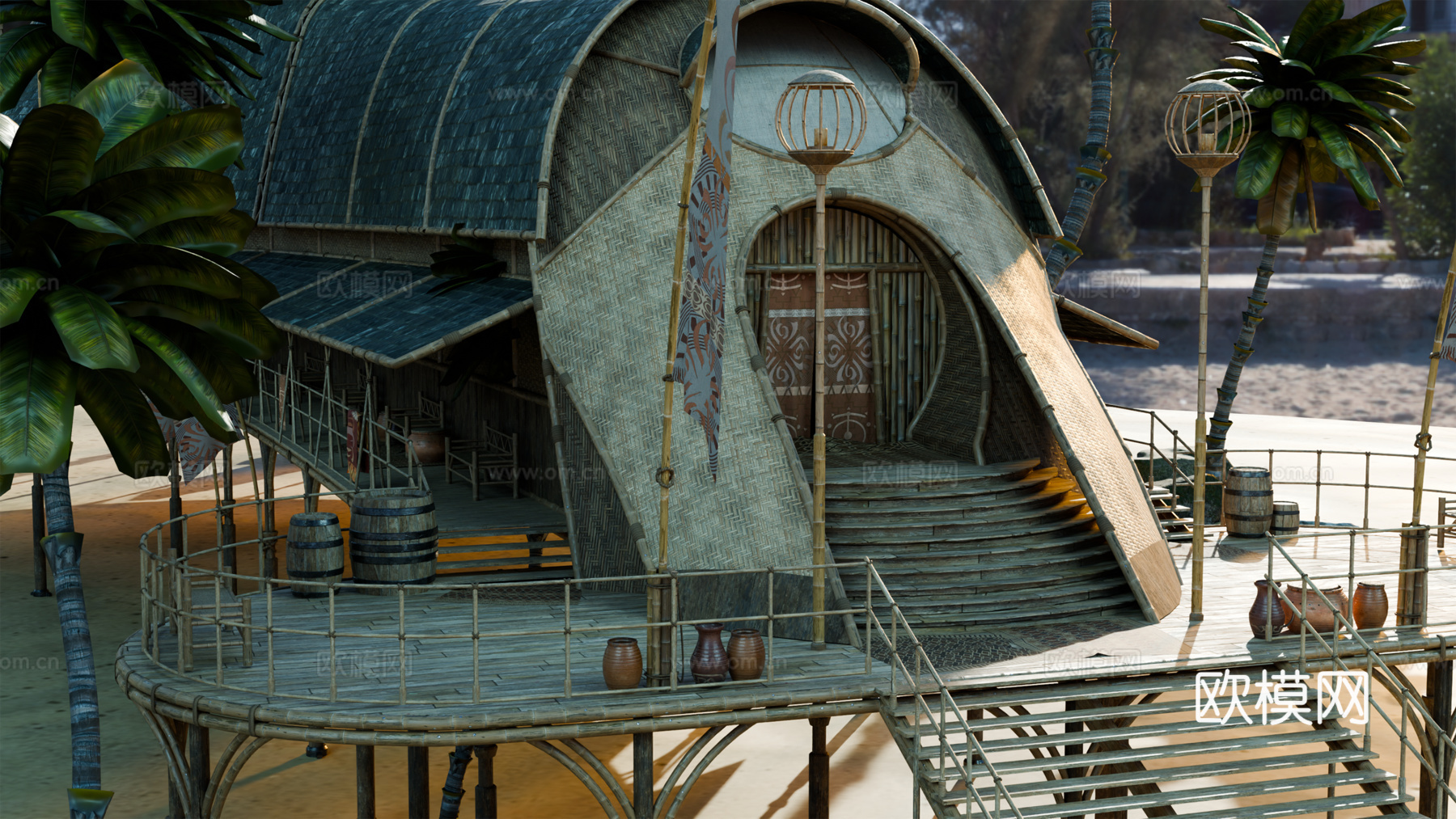 茅草屋 竹屋 木屋 树屋 海景打卡民宿 部落房屋su模型