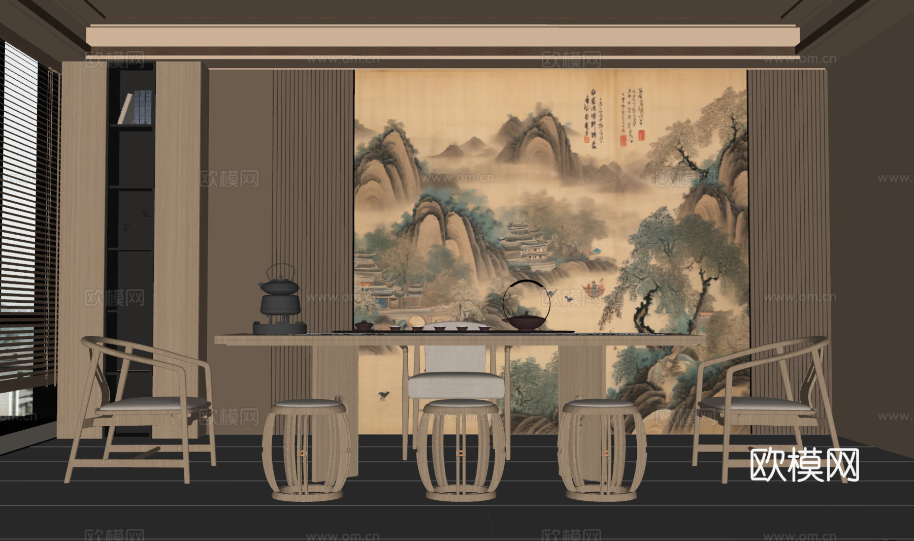 新中式茶室 茶室背景墙 茶桌椅su模型