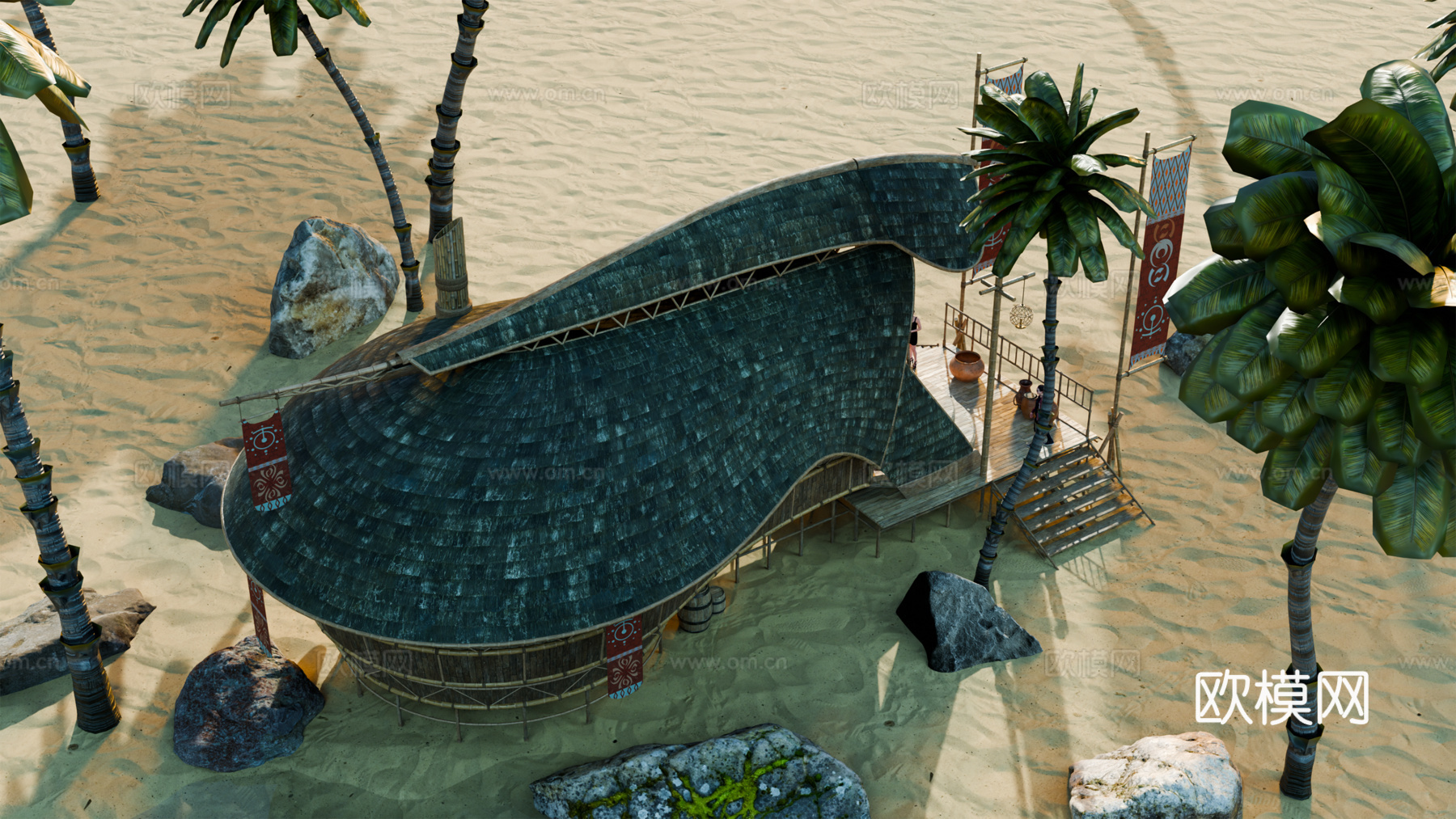 茅草屋 竹屋 木屋 树屋 海景打卡民宿 部落房屋su模型