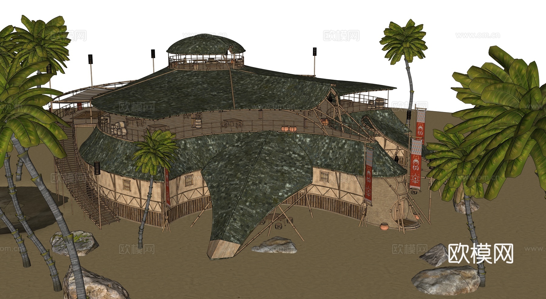 茅草屋 竹屋 木屋 树屋 海景打卡民宿 部落房屋su模型