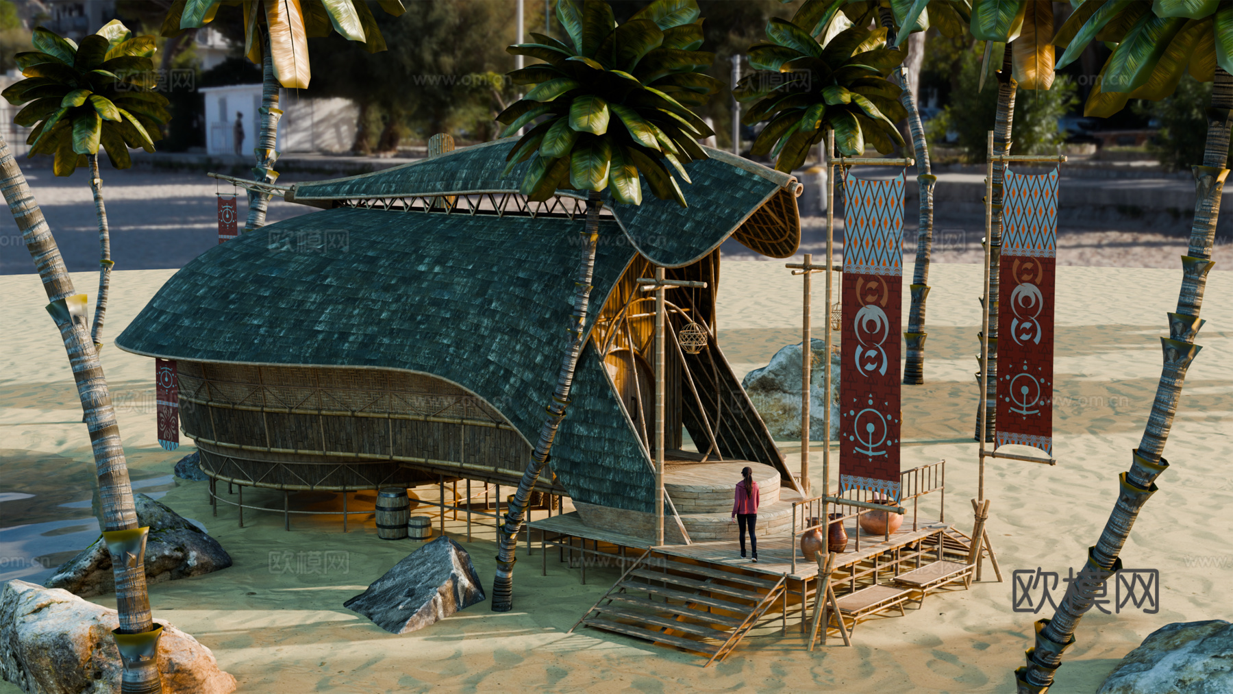 茅草屋 竹屋 木屋 树屋 海景打卡民宿 部落房屋su模型