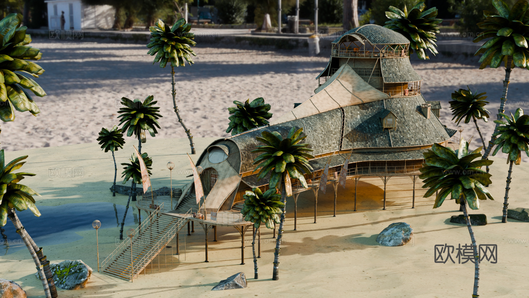 茅草屋 竹屋 木屋 树屋 海景打卡民宿 部落房屋su模型