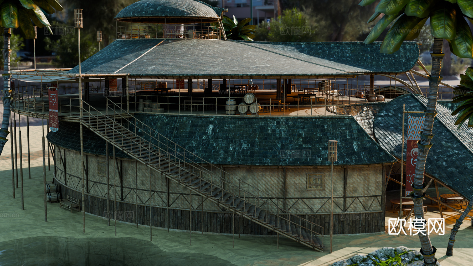 茅草屋 竹屋 木屋 树屋 海景打卡民宿 部落房屋su模型