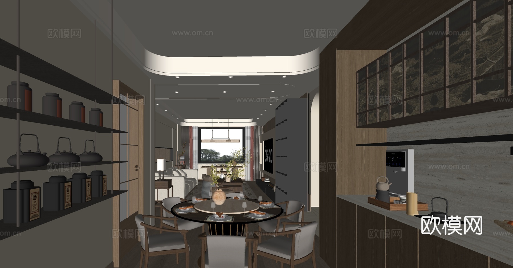 新中式禅意客餐厅 中式客餐厅 宋式美学客餐厅 沙发茶几组合su模型