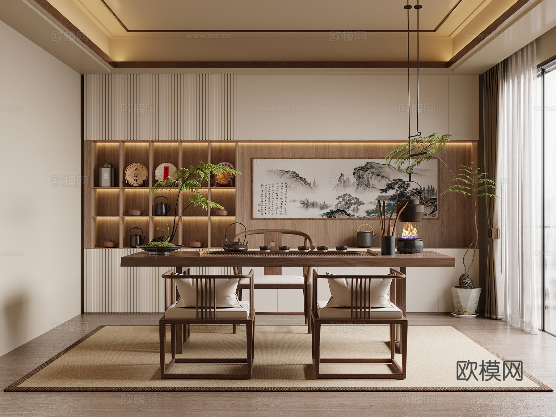 新中式茶室 茶柜 茶桌椅su模型