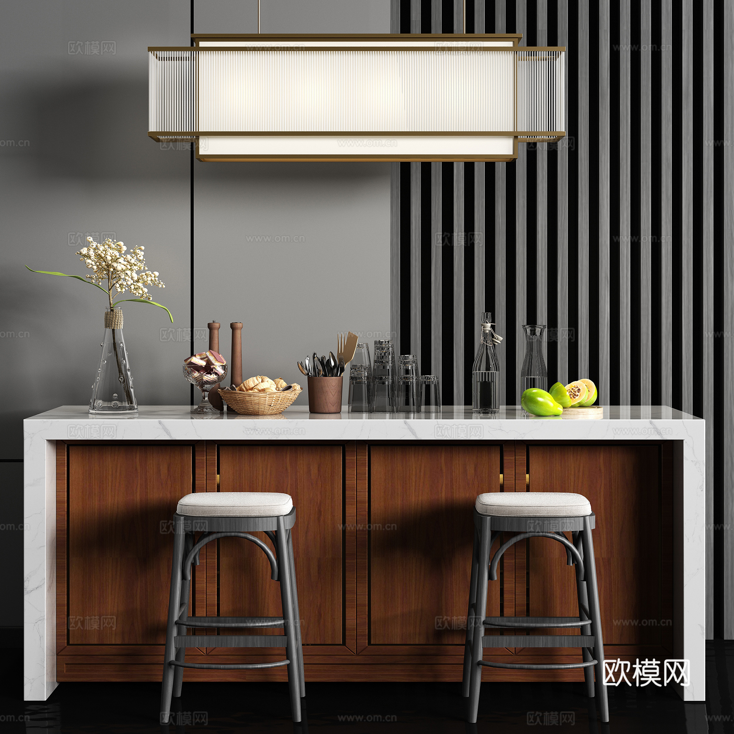 新中式餐厅 中岛 吊灯 吧椅 餐具食品组合3d模型下载