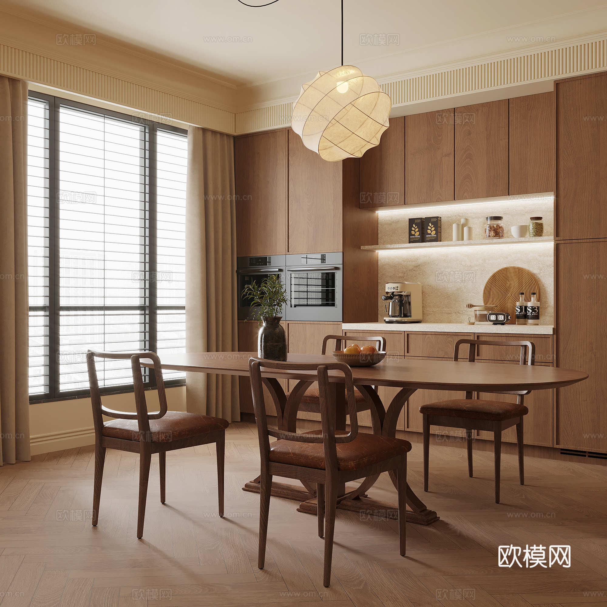 中古风餐厅 餐桌椅 餐边柜3d模型下载