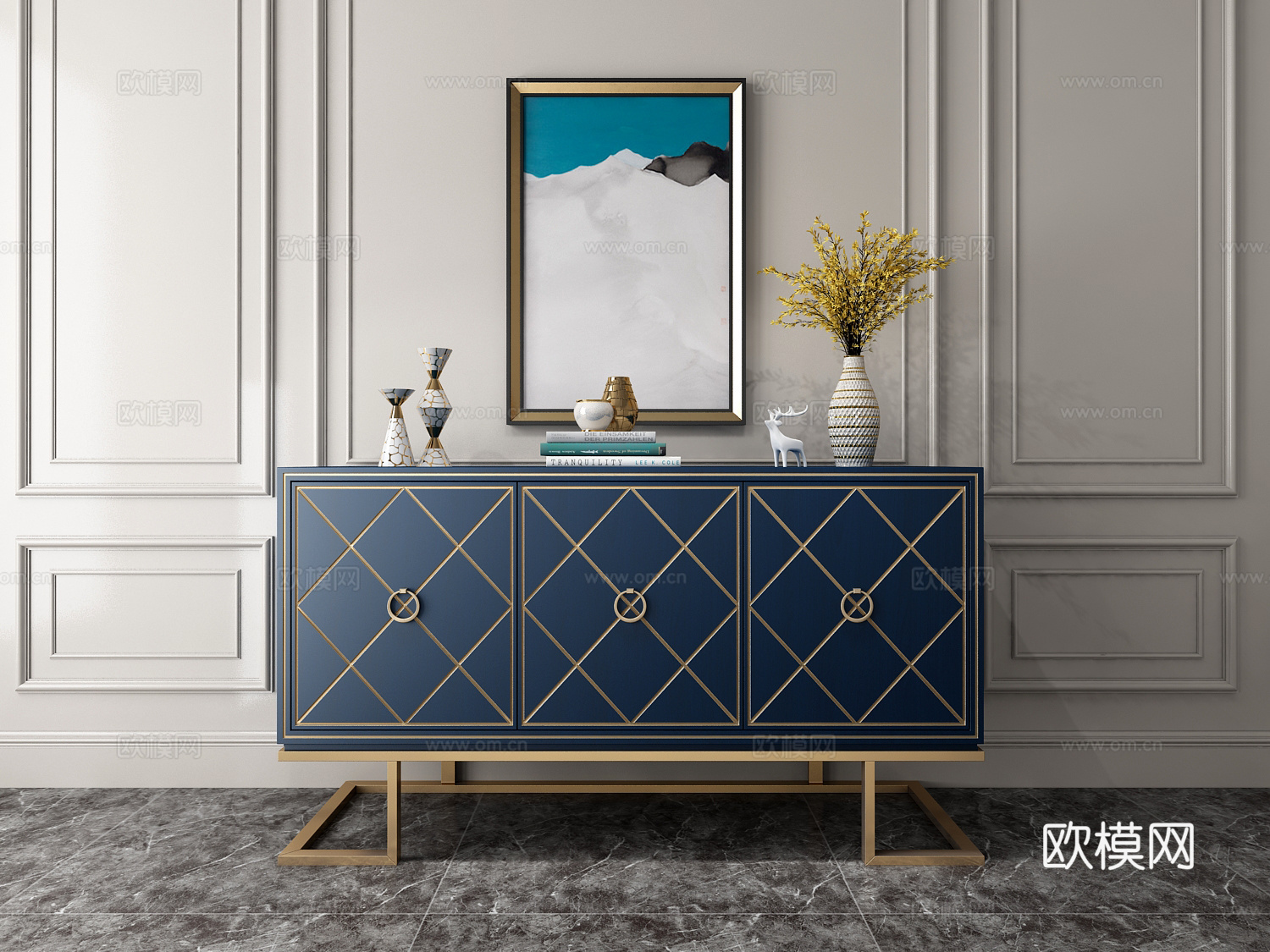 美式现代美式实木餐边柜3d模型下载（渲染图2）