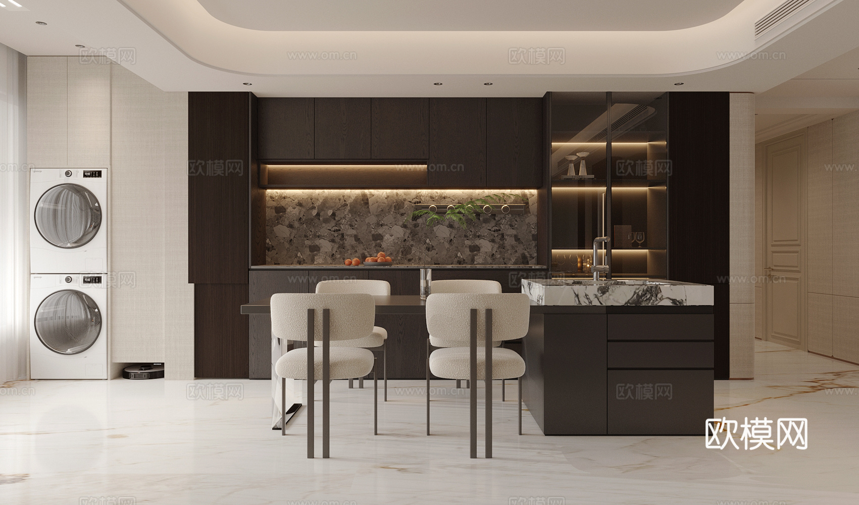 现代意式岛台餐厅 轻奢意式餐厅 开放式餐厅 岛台餐桌椅 餐椅3d模型下载
