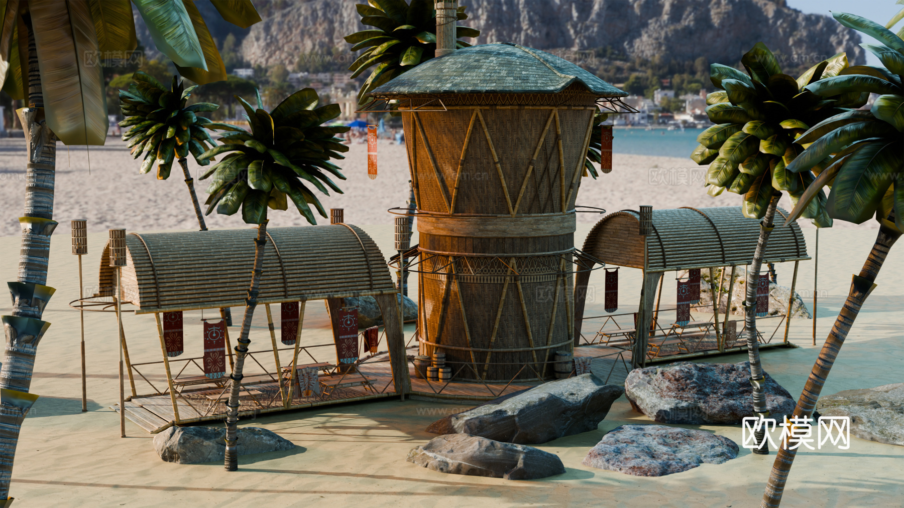 茅草屋 竹屋 木屋 树屋 海景打卡民宿 部落房屋su模型